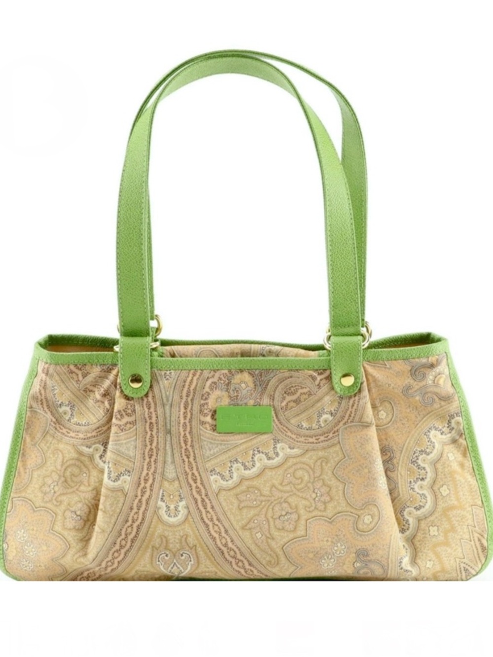ETRO GREEN FAUX LEATHER TRIM W/TAN & GRAY COTTON PAISLEY PRINT BODY SATCHEL BAG